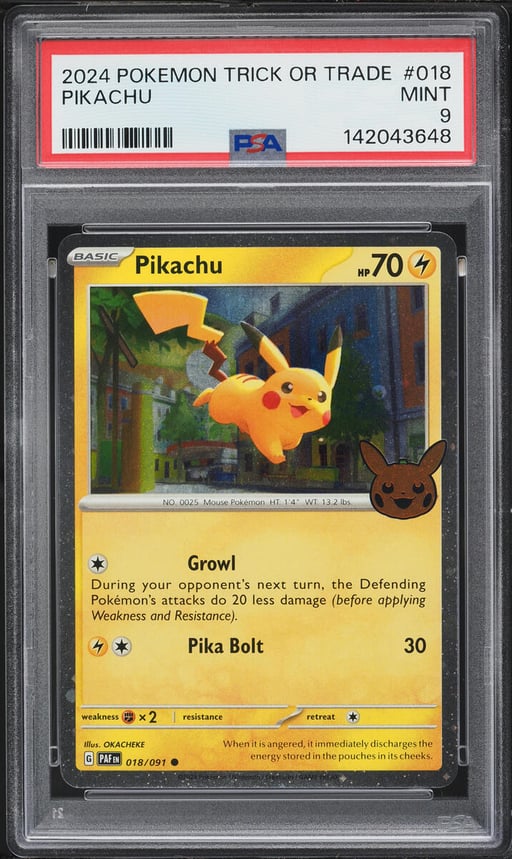 2024 Pokemon Scarlet & Violet Paldean Fates Trick Or Trade Holo Pikachu #18 PSA 9 MINT