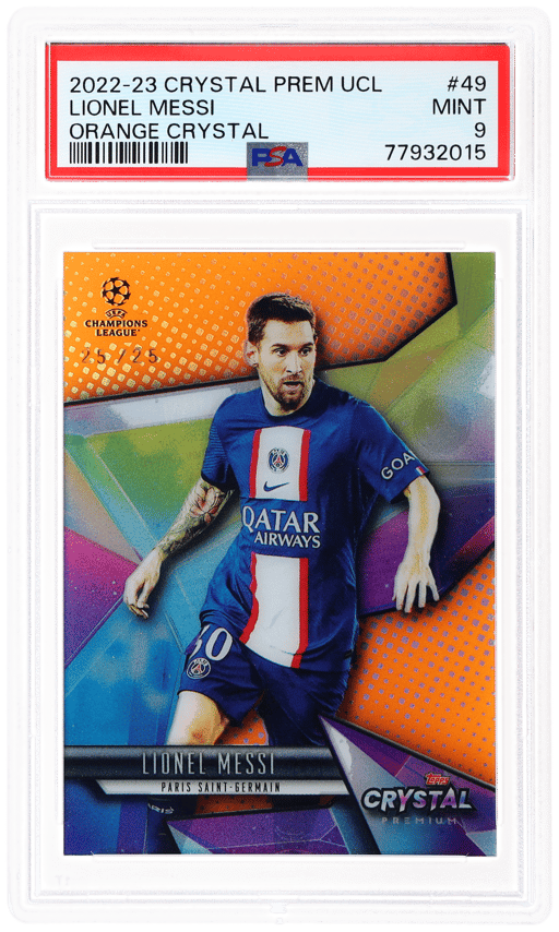 2022 Topps Crystal Premium UEFA Champions League Orange Crystal Lionel Messi #49 25/25 PSA 9