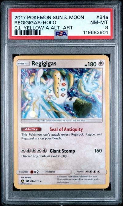 2017 POKEMON SUN & MOON CRIMSON INVASION #84A REGIGIGAS-HOLO PSA 8