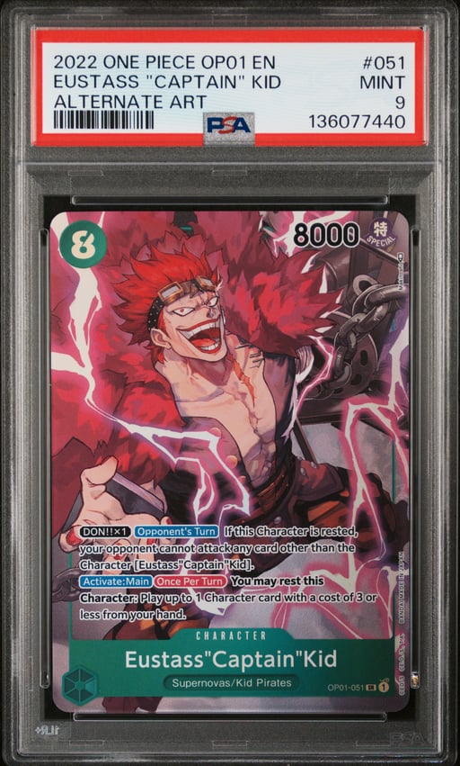 2022 ONE PIECE OP01-ROMANCE DAWN 051 EUSTASS "CAPTAIN" KID ALTERNATE ART PSA 9