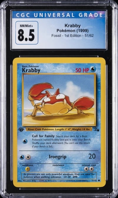 1999 POKEMON FOSSIL - 1ST ED #51/62 KRABBY CGC 8.5