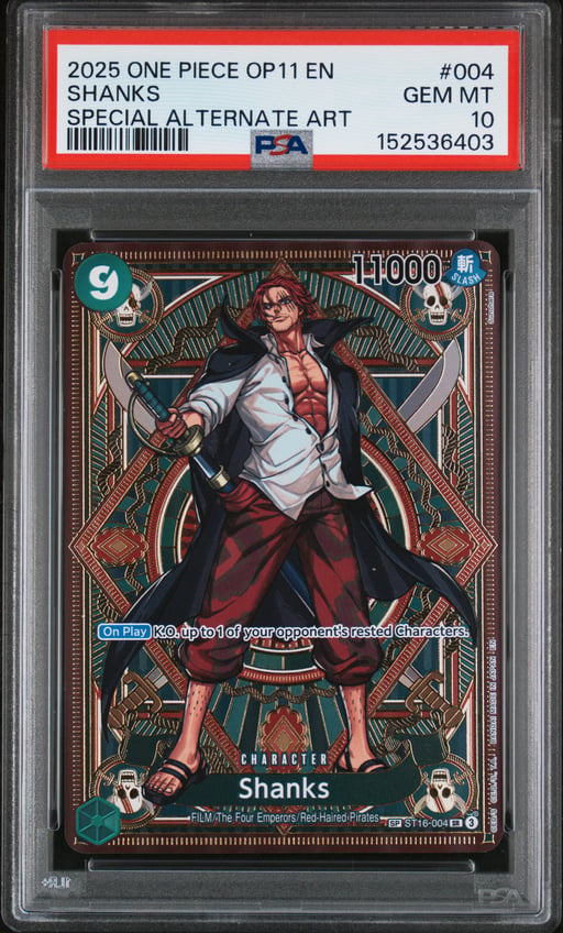 2025 ONE PIECE OP11-A FIST OF DIVINE SPEED 004 SHANKS SPECIAL ALTERNATE ART PSA 10