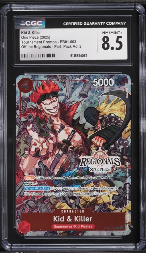 2025 One Piece Tournament Promos Offline Regionals Part. Pack Vol.2 Kid & Killer #EB01-003 CGC 8.5 NM-MT+