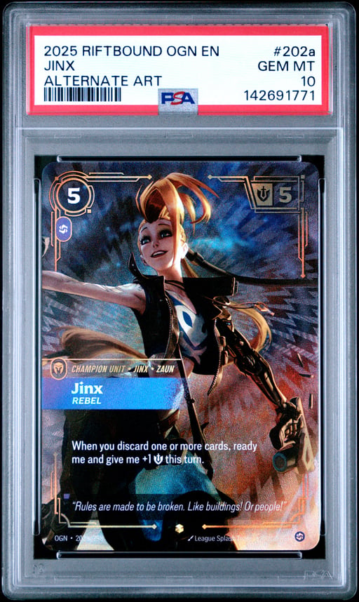 2025 RIFTBOUND: LEAGUE OF LEGENDS OGN-ORIGINS 202a JINX - REBEL ALTERNATE ART PSA 10