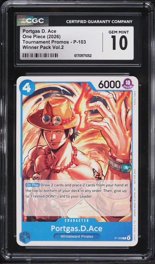 2026 One Piece Tournament Promos Winner Pack Vol.2 Portgas D. Ace #P-103 CGC 10 GEM MINT