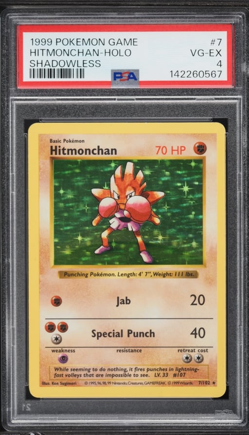 1999 Pokemon Base Set Shadowless Holo Hitmonchan #7 PSA 4 VGEX