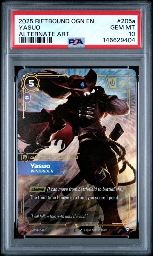 2025 RIFTBOUND: LEAGUE OF LEGENDS OGN-ORIGINS 205a YASUO - WINDRIDER ALTERNATE ART PSA 10