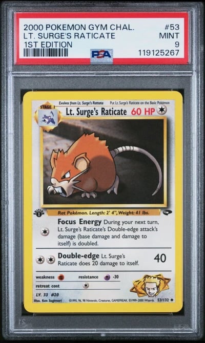 2000 POKEMON GYM CHALLENGE 1ST ED #53 LT. SURGE'S RATICATE PSA 9