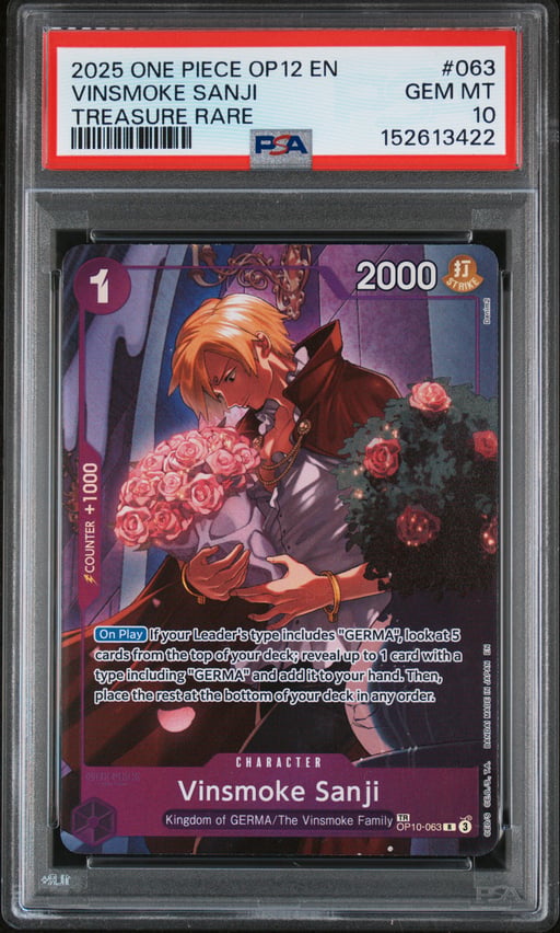2025 ONE PIECE OP12-LEGACY OF THE MASTER 063 VINSMOKE SANJI TREASURE RARE PSA 10