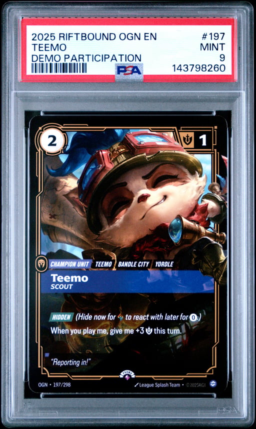 2025 RIFTBOUND: LEAGUE OF LEGENDS OGN-ORIGINS 197 TEEMO - SCOUT DEMO PARTICIPATION PSA 9