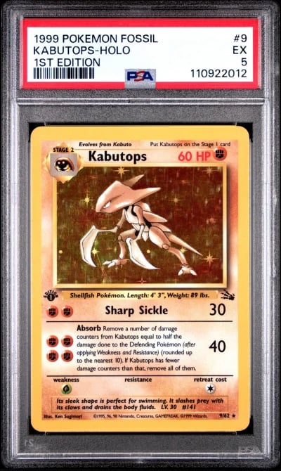 1999 POKEMON FOSSIL 1ST ED #9 KABUTOPS-HOLO PSA 5