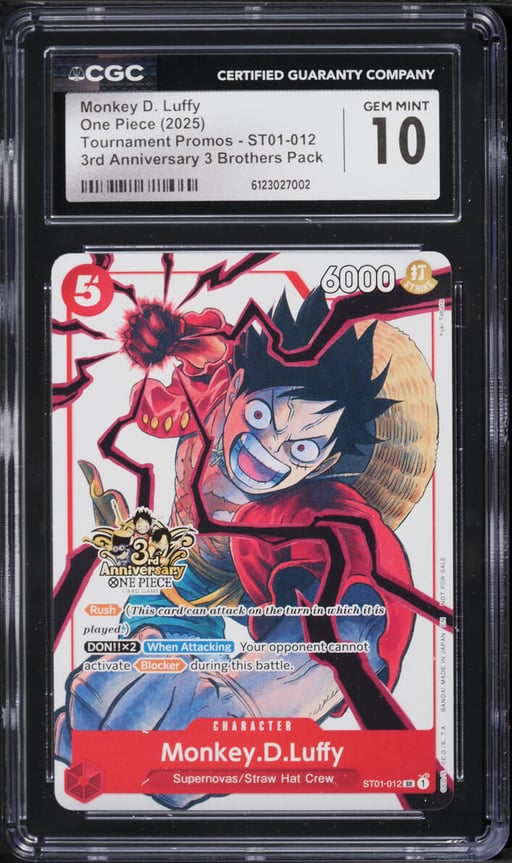 2025 One Piece Promo 3rd Anniversary 3 Brothers Pack SR Monkey D. Luffy #ST01-012 CGC 10 GEM MINT