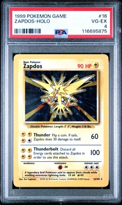 1999 POKEMON BASE SET UNLIMITED #16 ZAPDOS-HOLO PSA 4