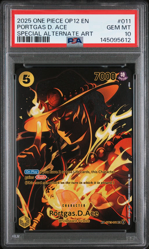 2025 ONE PIECE OP12-LEGACY OF THE MASTER 011 PORTGAS D. ACE SPECIAL ALTERNATE ART PSA 10