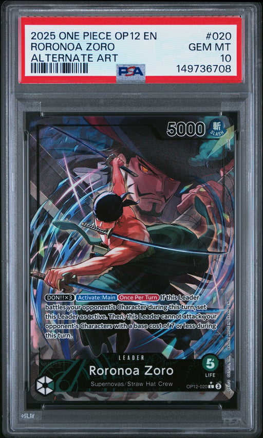 2025 ONE PIECE OP12-LEGACY OF THE MASTER 020 RORONOA ZORO ALTERNATE ART PSA 10