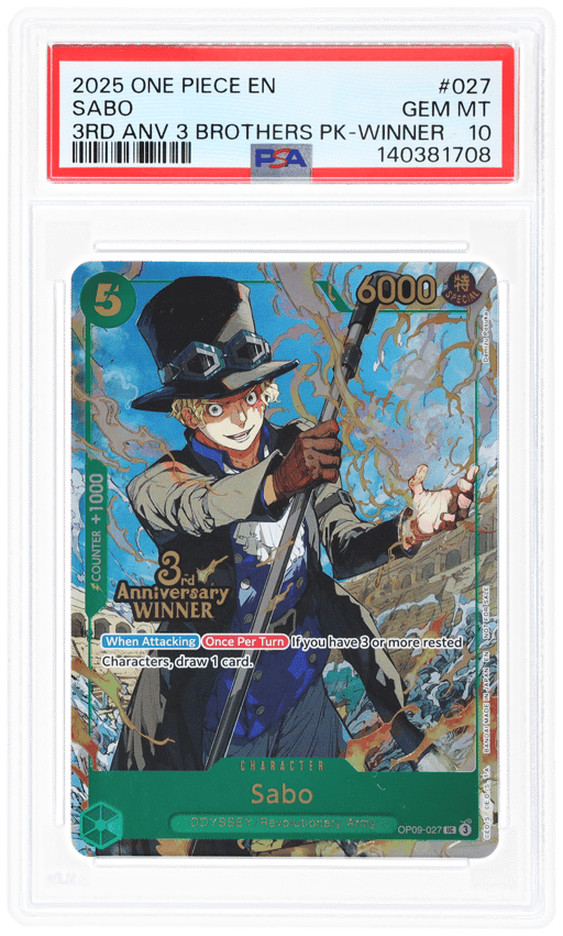 2025 One Piece Promo 3rd Anniversary Tournament 3 Brothers Pack Winner Sabo #OP09-027 PSA 10