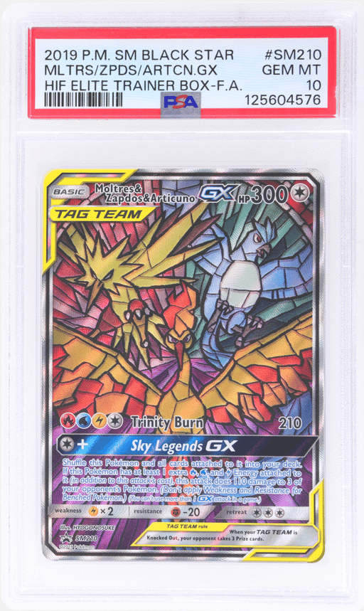 2019 Pokemon Sun and Moon Black Star Promo Hidden Fates Elite Trainer Box Articuno/Moltres/Zapdos Gx #SM210 PSA 10