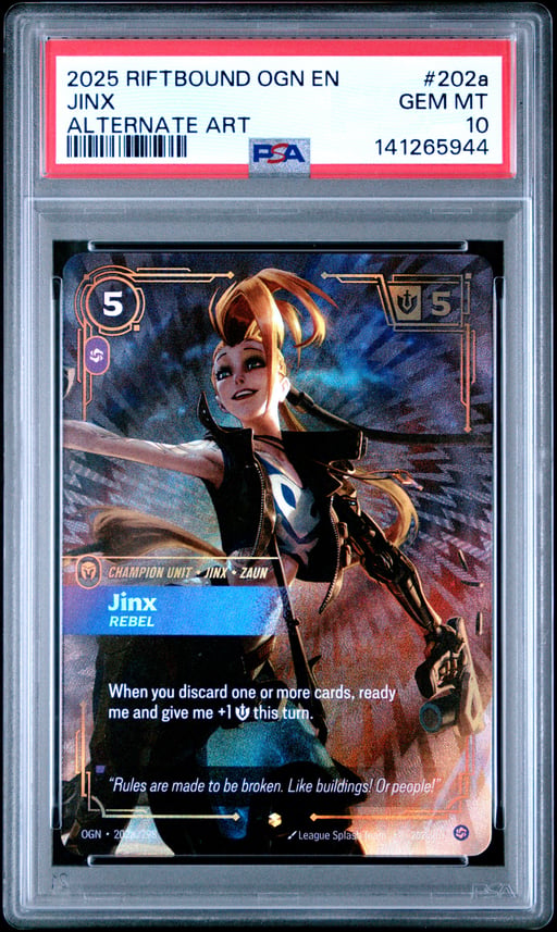 2025 RIFTBOUND: LEAGUE OF LEGENDS OGN-ORIGINS 202a JINX - REBEL ALTERNATE ART PSA 10