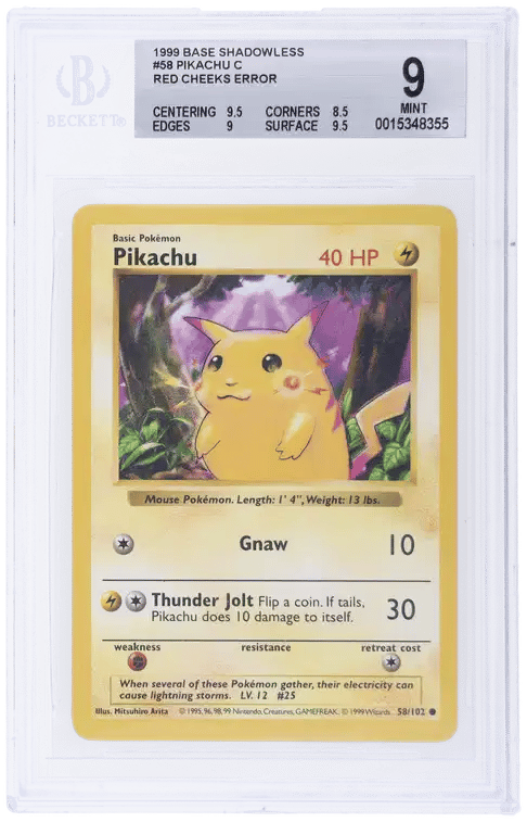 1999 Pokemon Base Set Red Cheeks Shadowless Pikachu #58 BGS 9
