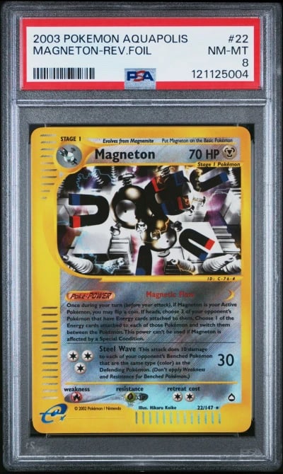 2003 POKEMON AQUAPOLIS #22 MAGNETON-REVERSE FOIL PSA 8