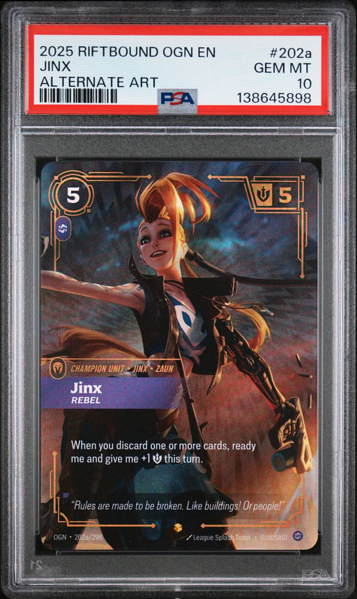 2025 RIFTBOUND: LEAGUE OF LEGENDS OGN-ORIGINS 202a JINX - REBEL ALTERNATE ART PSA 10