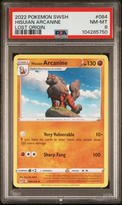 2022 POKEMON SWORD & SHIELD LOST ORIGIN #084 HISUIAN ARCANINE PSA 8