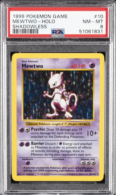 1999 POKEMON BASE SET SHADOWLESS #10 MEWTWO-HOLO PSA 8