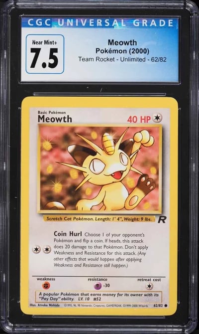 2000 Pokemon Team Rocket Meowth #62 CGC 7.5 NRMT+