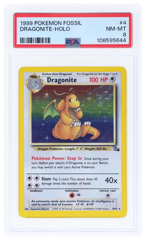 1999 POKEMON FOSSIL #4 DRAGONITE-HOLO PSA 8