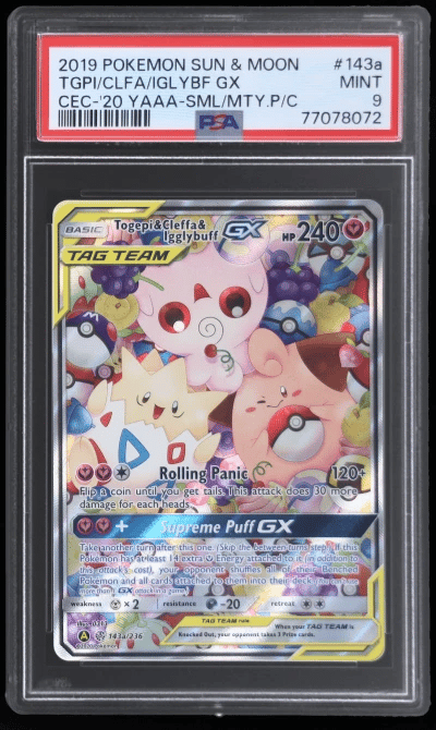2020 Pokemon Sun and Moon Cosmic Eclipse '20 Yellow A Alternate Art Small But Mighty Premium Collection Cleffa/Igglybuff Gx/Togepi #143A PSA 9