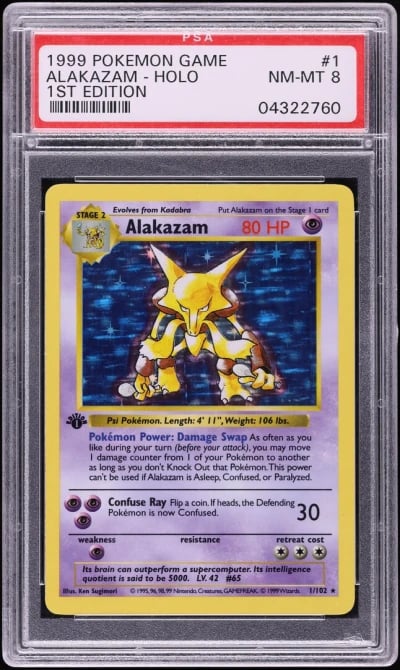 1999 Pokemon Base Set Shadowless 1st Edition Holo Alakazam #1 PSA 8 NM-MT