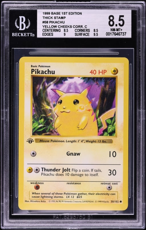 1999 Pokemon Base Set Shadowless 1st Ed Thick Stamp Yellow Cheeks Pikachu #58 BGS 8.5 NM-MT+