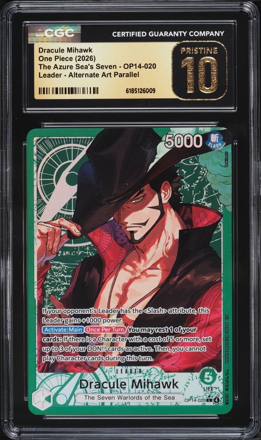 2026 One Piece The Azure Sea's Seven Alt Art Leader Dracule Mihawk #OP14-020 CGC 10 PRISTINE