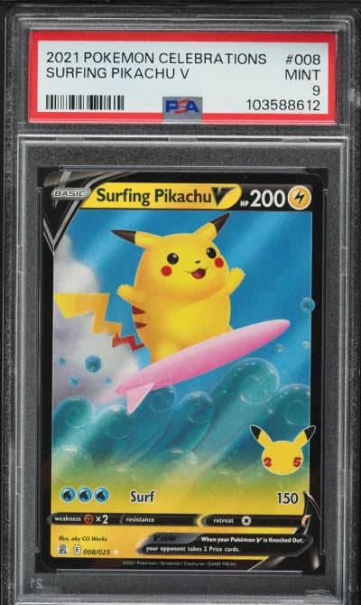 2021 Pokemon Sword & Shield Celebrations Full Art Surfing Pikachu V #8 PSA 9