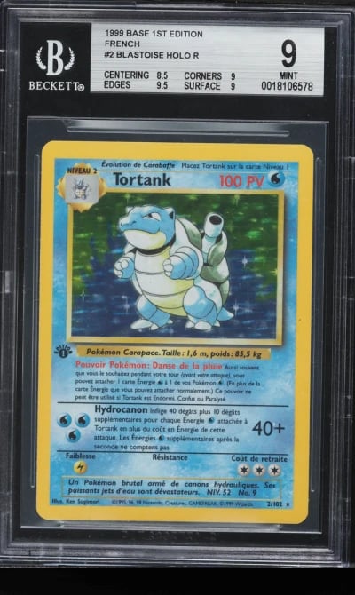 1999 Pokemon French Base Set 1st Edition Holo Blastoise Tortank #2 BGS 9 MINT