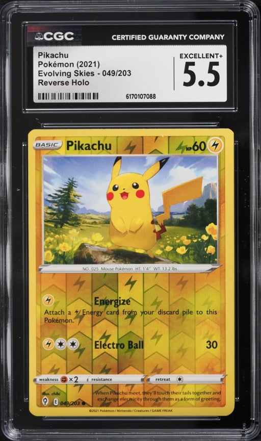 2021 Pokemon Sword & Shield Evolving Skies Reverse Holo Pikachu #49 CGC 5.5 EX+