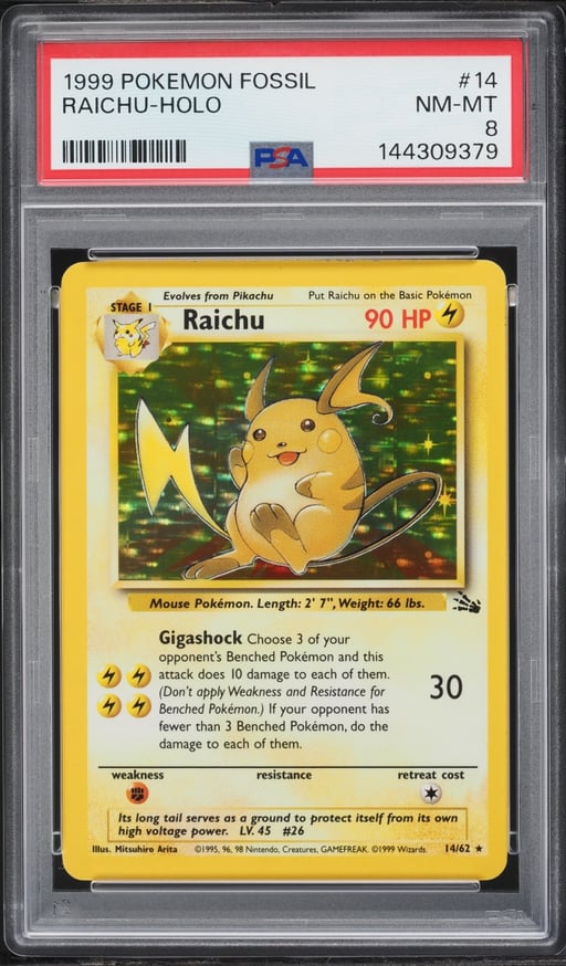 1999 Pokemon Fossil Holo Raichu #14 PSA 8 NM-MT