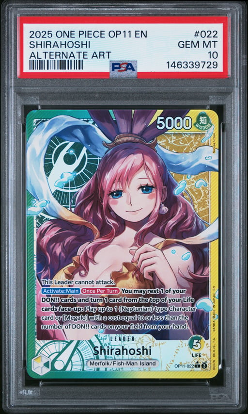 2025 ONE PIECE OP11-A FIST OF DIVINE SPEED 022 SHIRAHOSHI ALTERNATE ART PSA 10