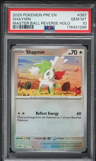 2025 Pokemon SV Prismatic Evolutions Master Ball Reverse Holo Shaymin #87 PSA 10