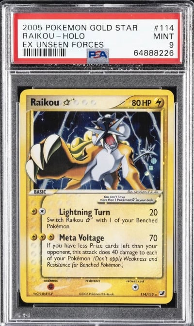 2005 POKEMON EX UNSEEN FORCES GOLD STAR #114 RAIKOU-HOLO PSA 9