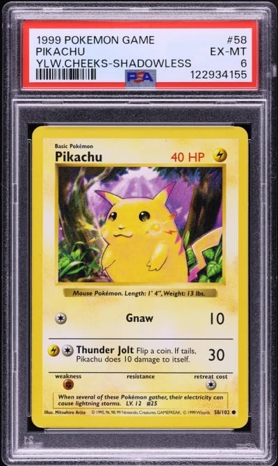 1999 Pokemon Base Set Shadowless Yellow Cheeks Pikachu #58 PSA 6 EXMT