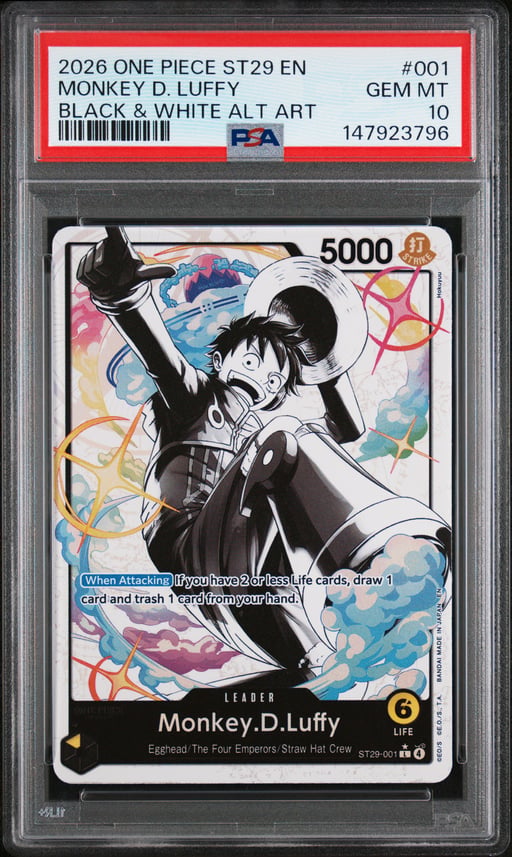 2026 ONE PIECE STARTER DECK ST29-EGGHEAD 001 MONKEY D. LUFFY BLACK & WHITE ALTERNATE ART PSA 10