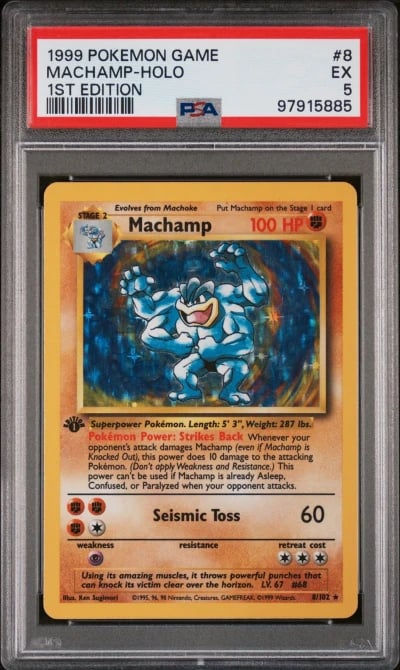 1999 POKEMON BASE SET 1ST EDITION #8 MACHAMP-HOLO PSA 5