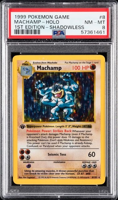 1999 POKEMON GAME #8 MACHAMP-HOLO 1ST EDITION-SHADOWLESS PSA 8