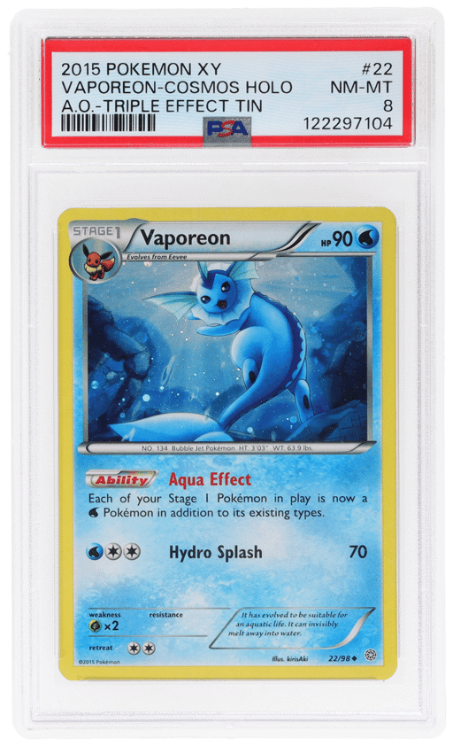 2015 Pokemon XY Ancient Origins Cosmos Holo Triple Effect Tin Vaporeon #22 PSA 8
