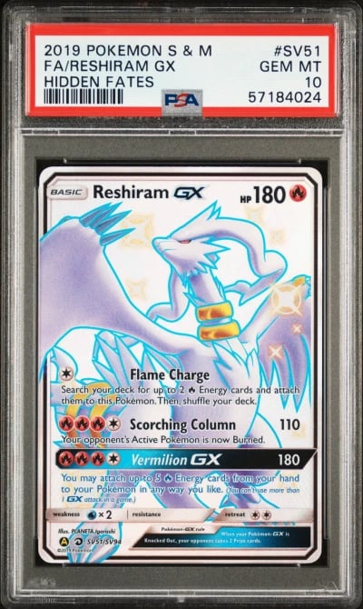 2019 POKEMON SUN & MOON HIDDEN FATES #SV51 FULL ART/RESHIRAM GX PSA 10
