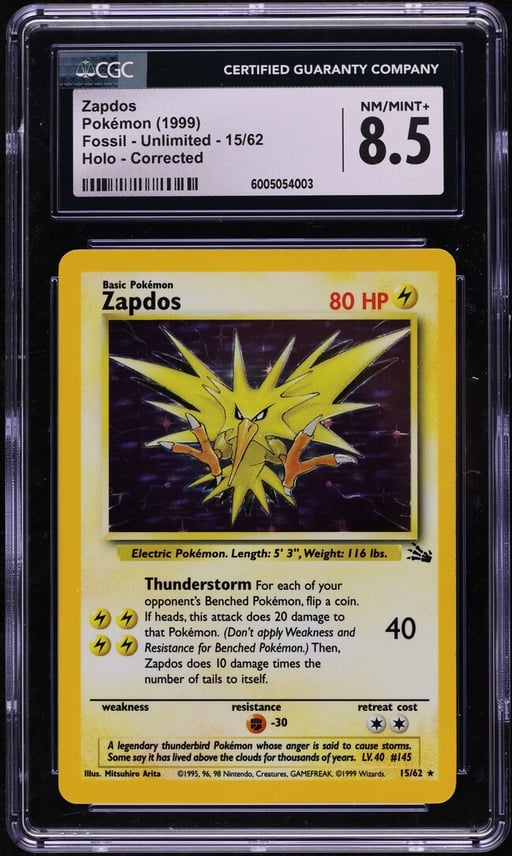 1999 Pokemon Fossil Holo Corrected Zapdos #15 CGC 8.5 NM-MT+