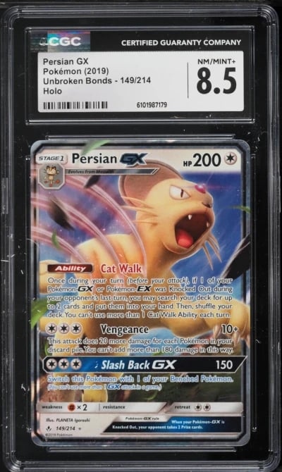 2019 Pokemon Sun & Moon Unbroken Bonds Full Art Persian GX #149 CGC 8.5 NM-MT+