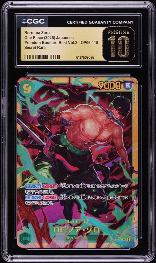 2025 One Piece Japanese Premium Booster Best Vol 2 SEC Roronoa Zoro #OP06-118 CGC 10 PRISTINE