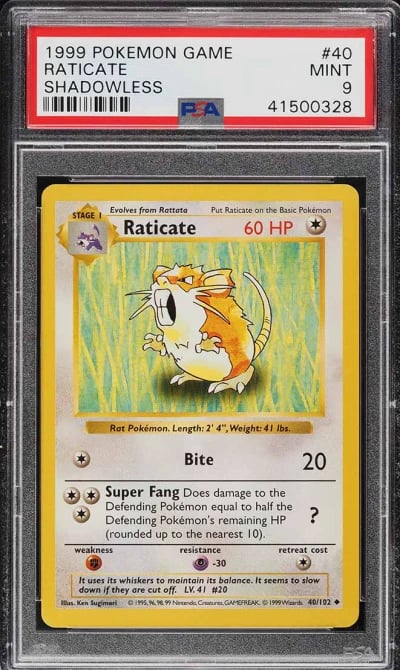 1999 Pokemon Base Set Shadowless Raticate #40 PSA 9 MINT